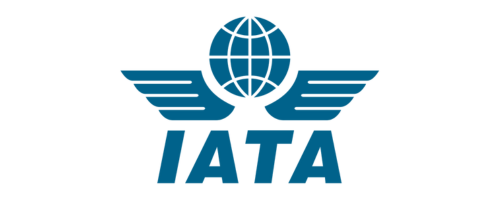 a blue logo with a globe and wings