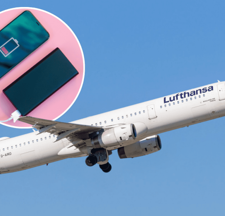 A Lufthansa Airbus A321 with an inset photo of a phone being charged with a portable power bank