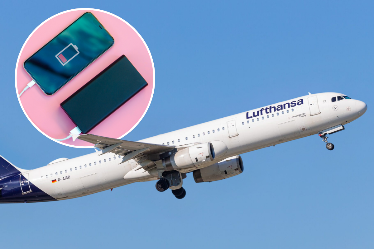 A Lufthansa Airbus A321 with an inset photo of a phone being charged with a portable power bank