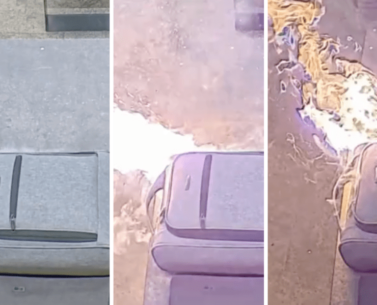 A series of three photos showing a portable power bank exploding in a small carry-on bag