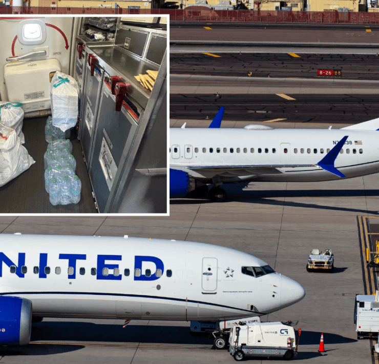 Two United Airlines planes on the tarmac with a collage of the inside of an airplane galley