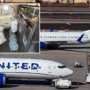 Two United Airlines planes on the tarmac with a collage of the inside of an airplane galley