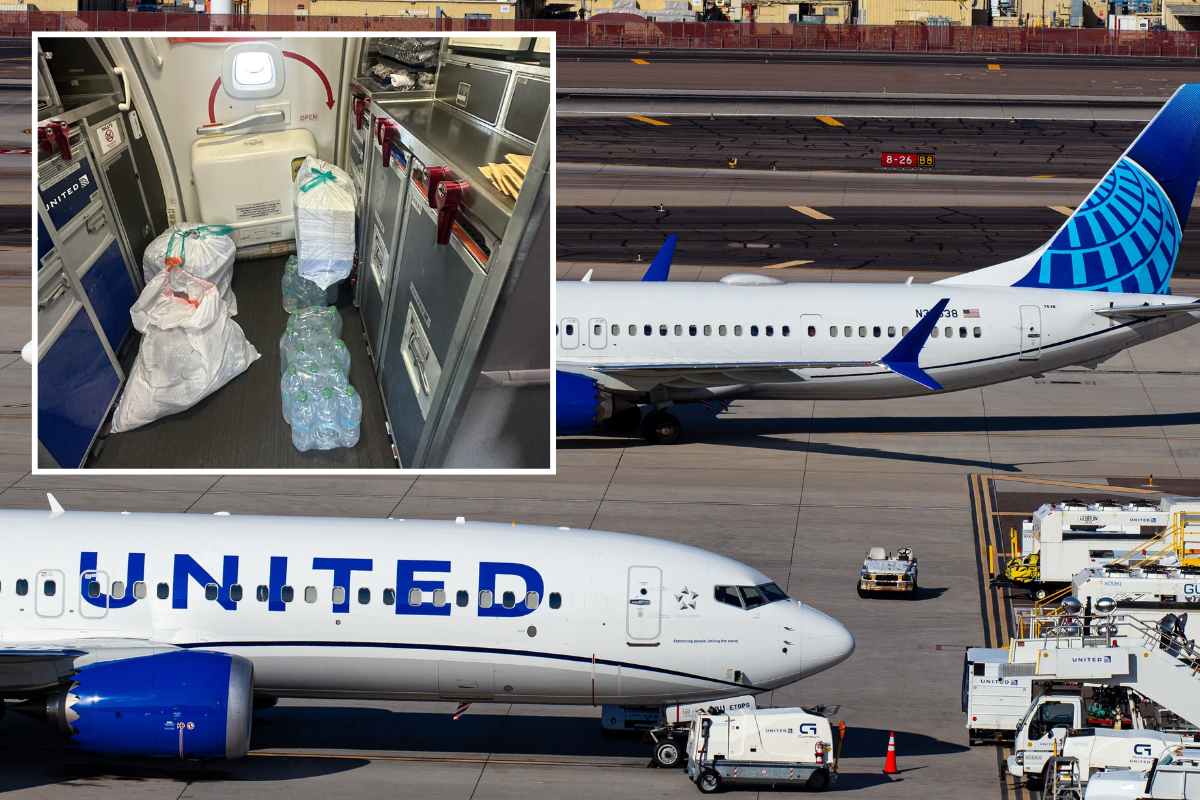 Two United Airlines planes on the tarmac with a collage of the inside of an airplane galley