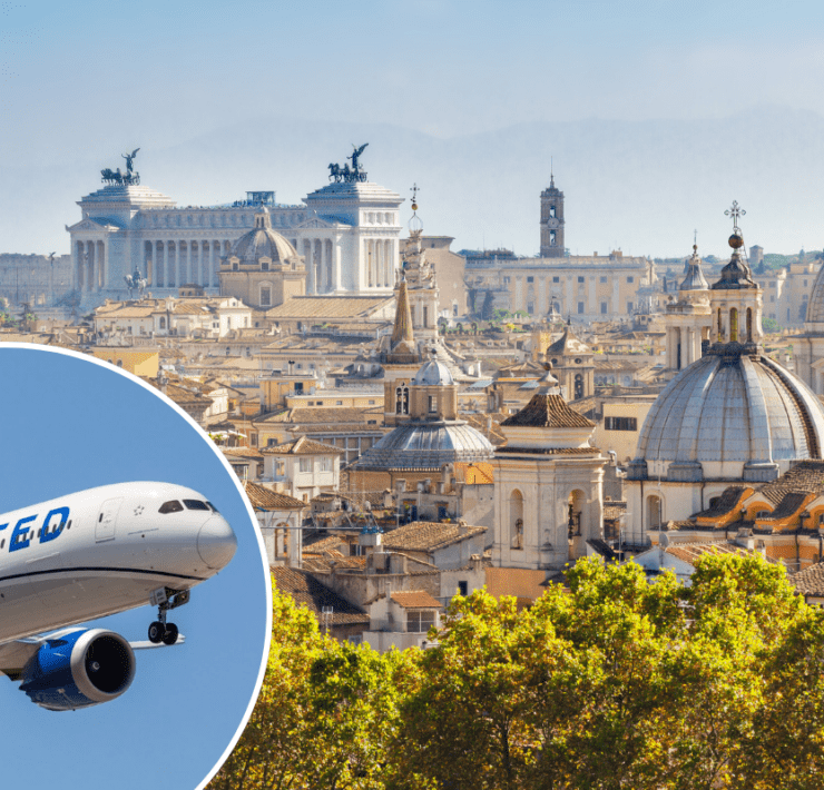 the skyline of rome with a photo of a United Airlines airplane